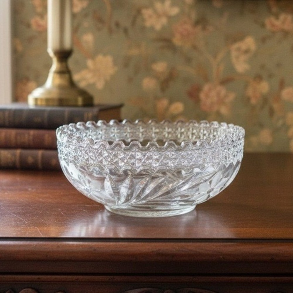 American Brilliant Cut Style Crystal Bowl Starburst Floral Pattern